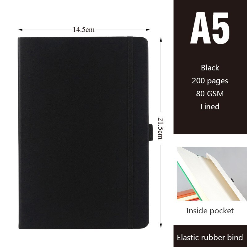Klassisk anteckningsbok läder inbunden (mjukt rörande ), a5, 200 sidor, fodrad , 80 gsm, perfekt för dagbok, journalföring, vanligt skrivande: Svart