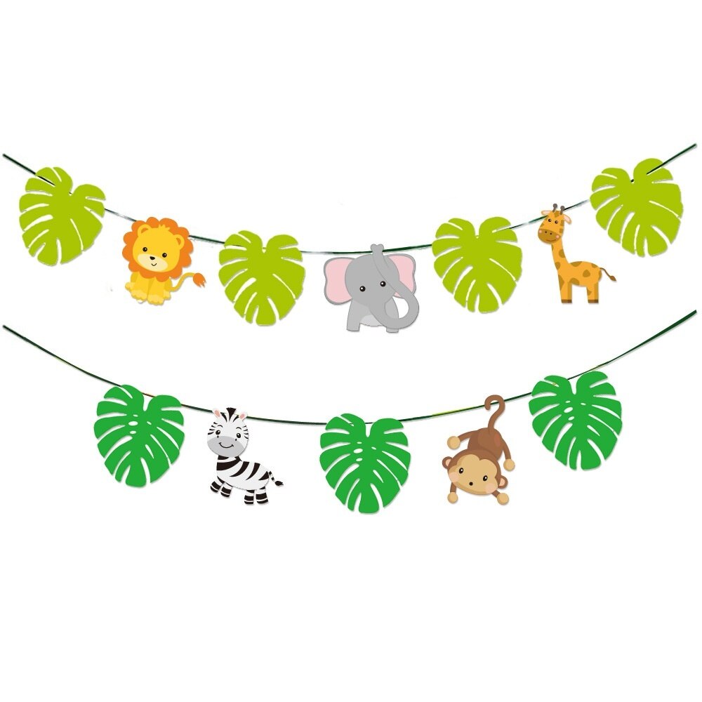 Décoration de Cupcake Safari dans la Jungle, bannière de joyeux anniversaire, drapeaux de gâteau d&#39;animaux pour fête d&#39;anniversaire, fournitures de pour enfants garçons: leaves animal banner