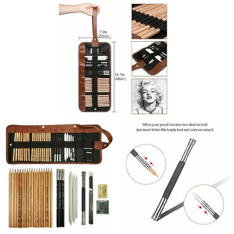 29Pcs/set Drawing Sketching Pencils Set Full Sketch Kit with Graphite Pencils Paper Brush Pen Mark Charcoal Pencil Extender DU55