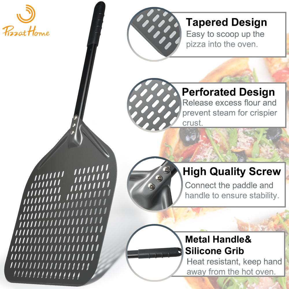Juego de pala giratoria rectangular para Pizza, pelador de Pizza perforado anodizado duro de 12 ", paleta de cáscara de Pizza de aluminio, mango de silicona de 40cm de largo