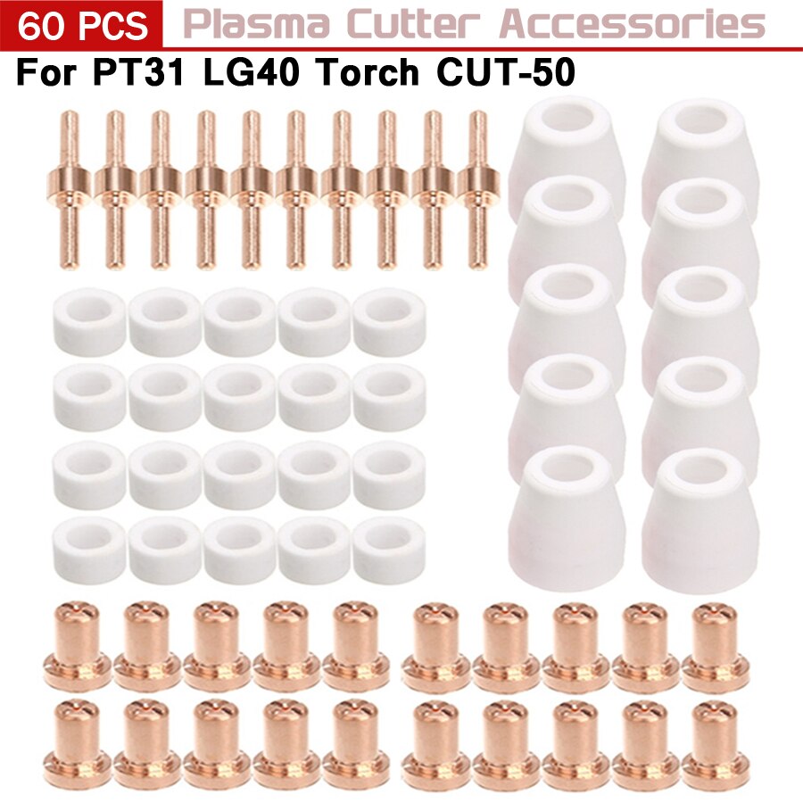 60 Pcs Air Plasma Cutting Cutter Consumables Extended Shield Cap Electric Electrode Nozzles Gas Ring For PT31 LG40 Torch CUT-50