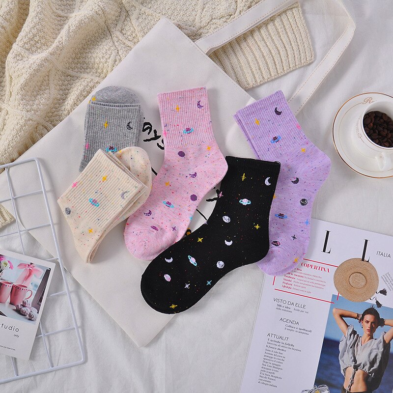 Japanese Moon Stars Universe Socks Harajuku Planet Point Yarn Funny Socks Women Warm Cute Novelty Femme Sokken Meias