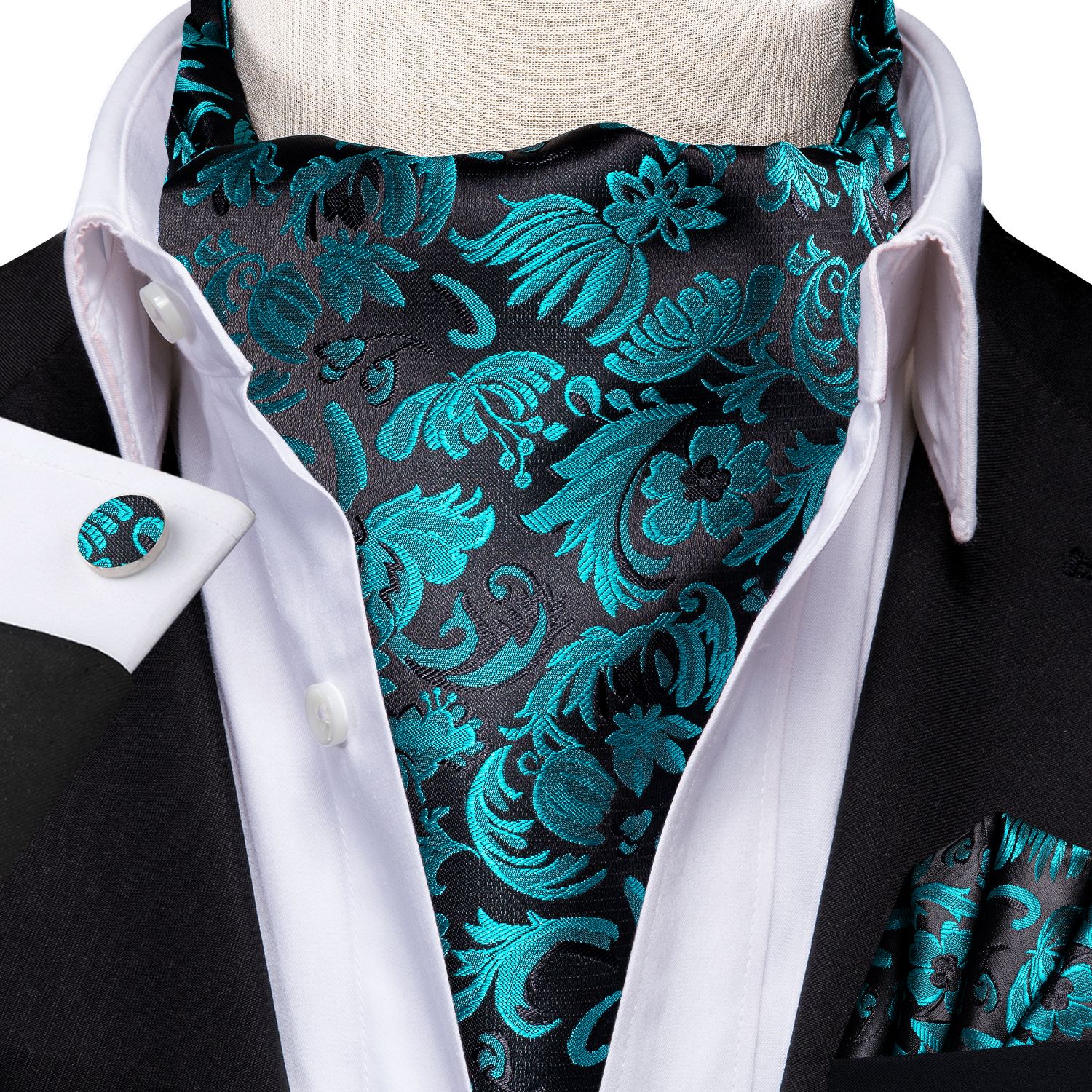Hi-Tie Silk Mens Ascot Pocket Square Cufflinks Set Jacquard Paisley Floral Vintage Cravat Tie for Male Red Blue Green Gold Pink