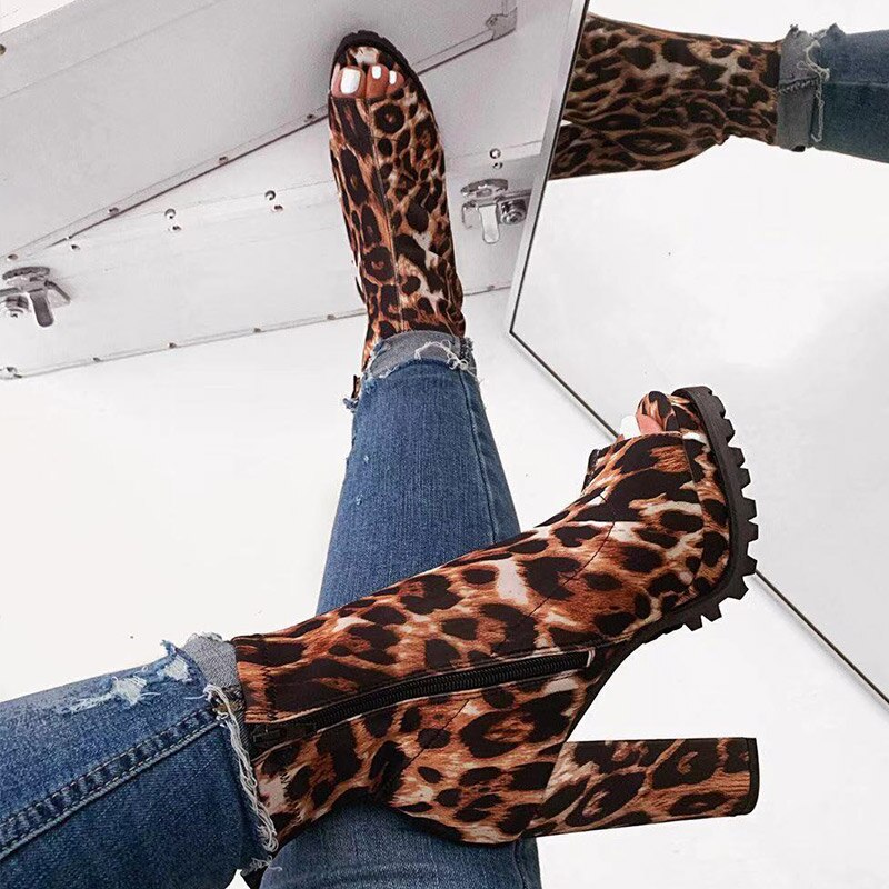 Rouge nouvelles bottes femmes serpent motif Zip bottines automne femme Peep orteil épais talons hauts dames plate-forme chaussures directe: Leopard / 41