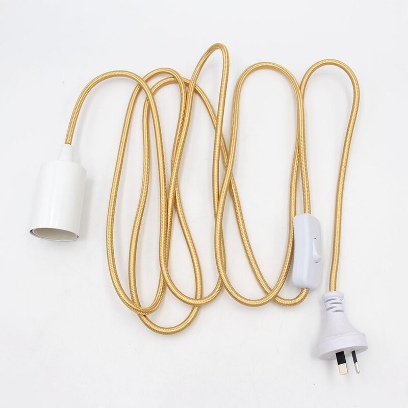 220V-240V 3m Australian Power Cord Fabric Cloth Covered with 2 Prong AU Plug Switch E27 Fittings For Hanging Light Cord Set: Light gold