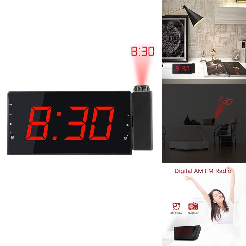 180 Degree Table Wall Digital Projector Radio Alarm Clock Snooze Timer Temperature LED Display USB Charging Cable FM Radio Clock: Red