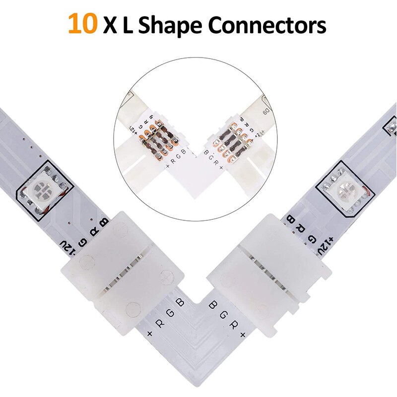 LED Light Connector Kit, 10Mm RGB LED Connector Includes 10X L Shape Connectors,2M LED Strip Light Extension Cable