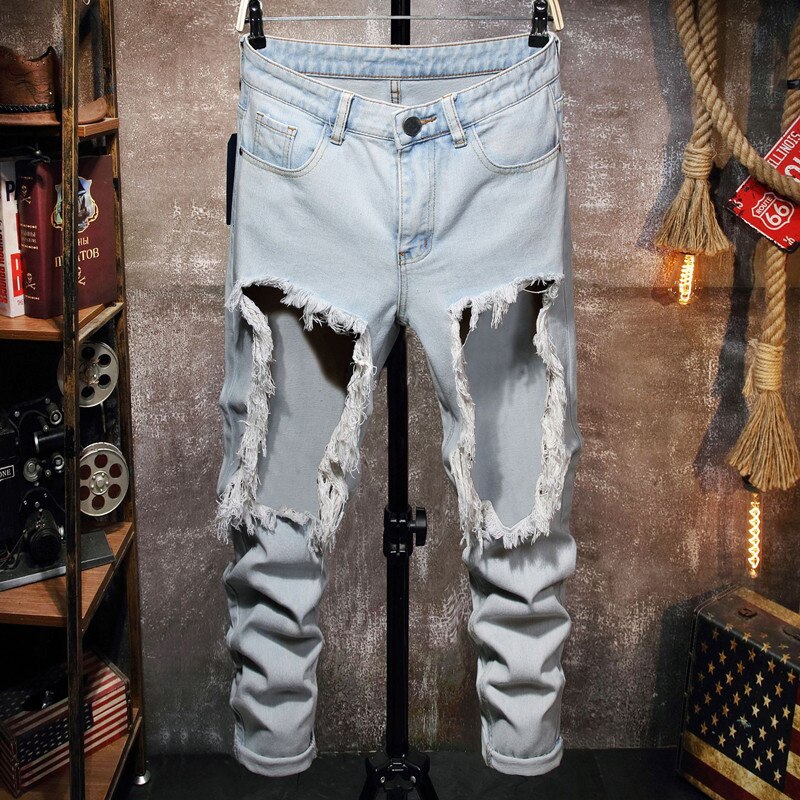 Streetwear Men Light Blue Hip Hop Vintage Water Wash Destroyed Ripped Hole Beggar jeans Denim Punk Pants: 28