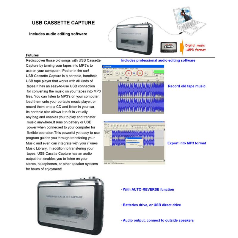 USB Cassette Player Tape to PC Cassette to MP3 Format Converter Capture X3UC