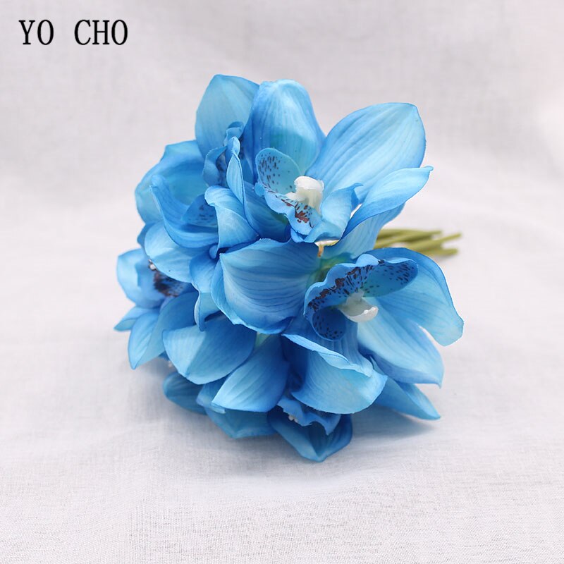 YO CHO Nep Orchidee Bloem DIY Bruidsmeisje Boeket Bruiloft Bloem 6 Heads Orchidee Boeket Bloemstuk Groen Thuis Party Decor: blue