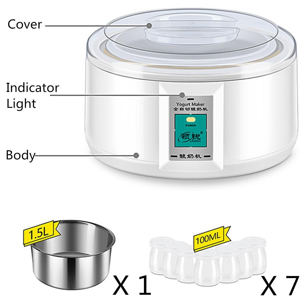 1.5l elektrisk yoghurt maker yoghurt diy værktøj køkken apparater automatisk yoghurt maker med 7 krukker liner materiale rustfrit stål