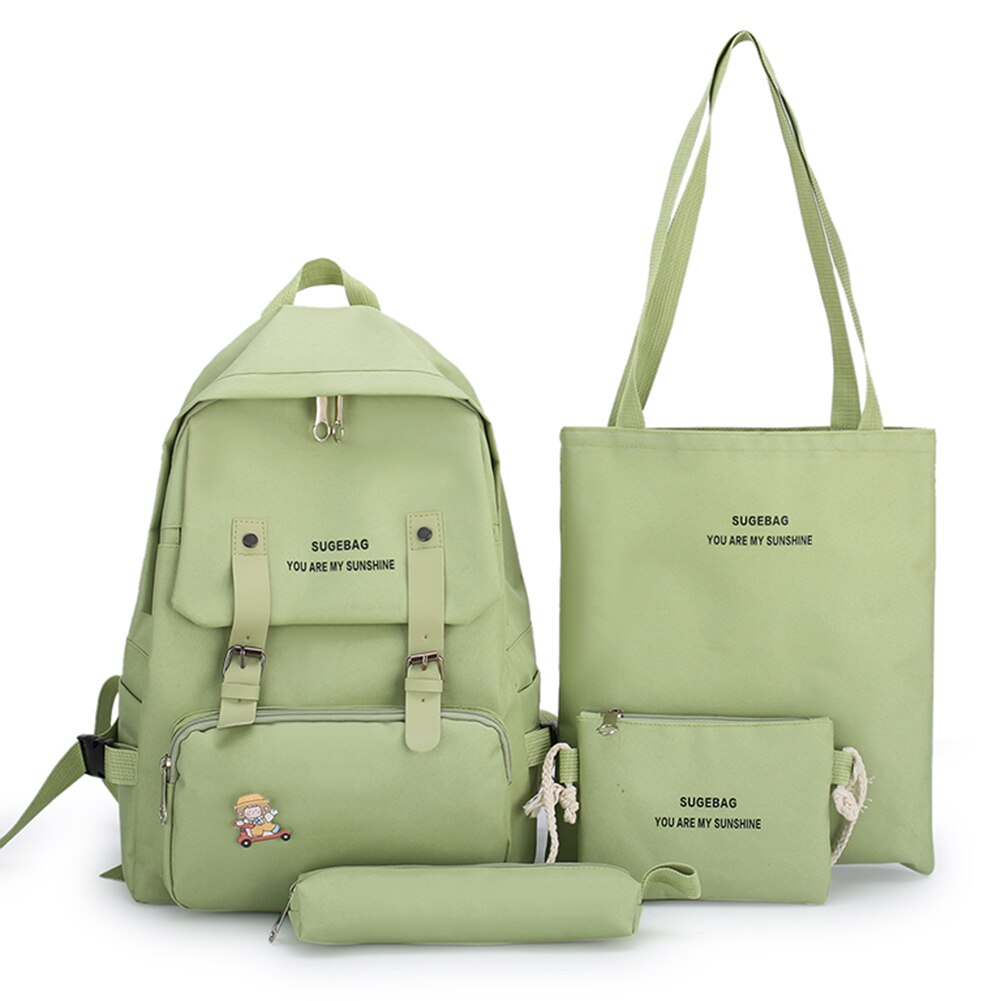 4 pçs/set mulheres mochilas de lona estudante universitário moda letras adolescente meninas mochila ombro crossbody saco: Green