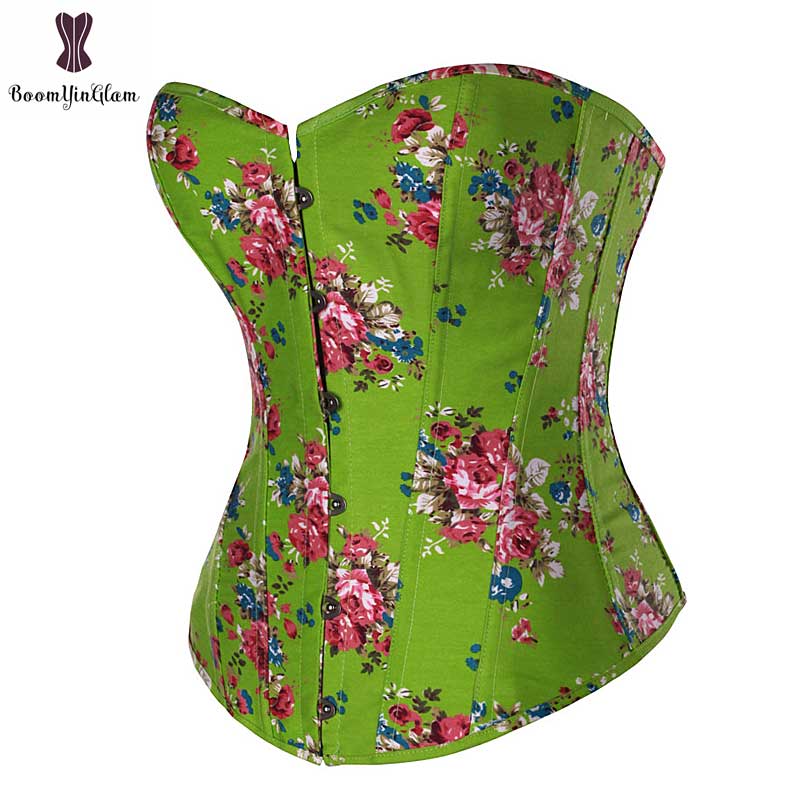 Lolita-prendas de vestir de primavera y verano, corsé Overbust con estampado de flores y cierre de hebilla frontal, corpiño verde y rosa, Corset de buena