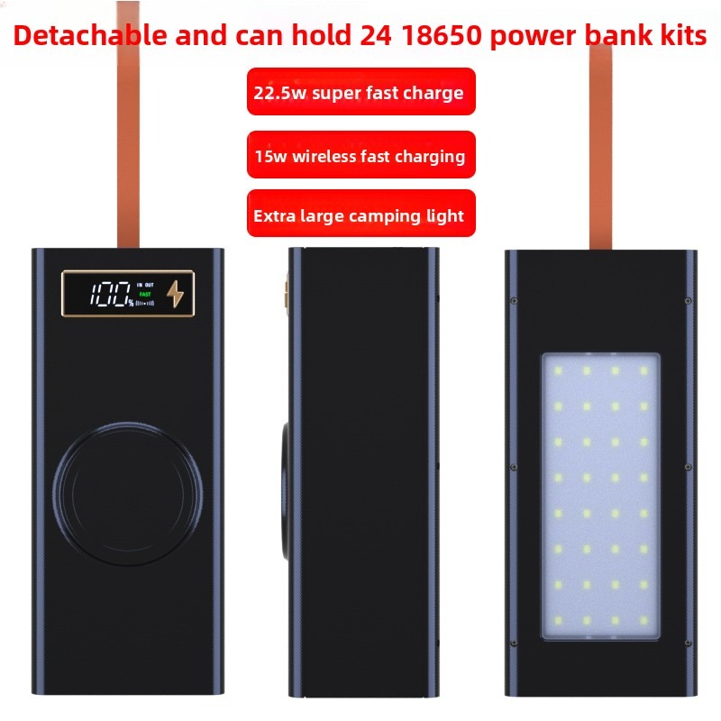 24*18650 Batterij Powerbank Behuizingen DIY Mobiele Powerbank Case met Draadloos Opladen en Campinglamp Afneembaar, Loodvrij