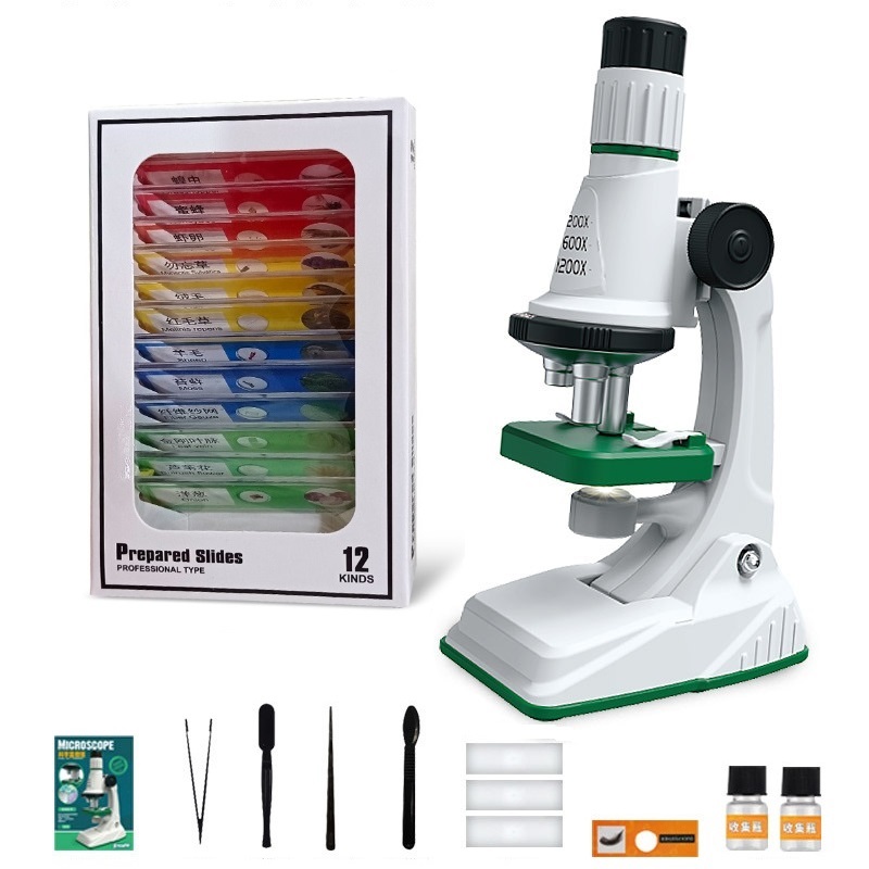 Kit de microscopio para niños 200x 600x 1200x, juguete de tallo de ciencia biológica, microscopio de bolsillo educativo para escuela y hogar con luz LED: Verde claro