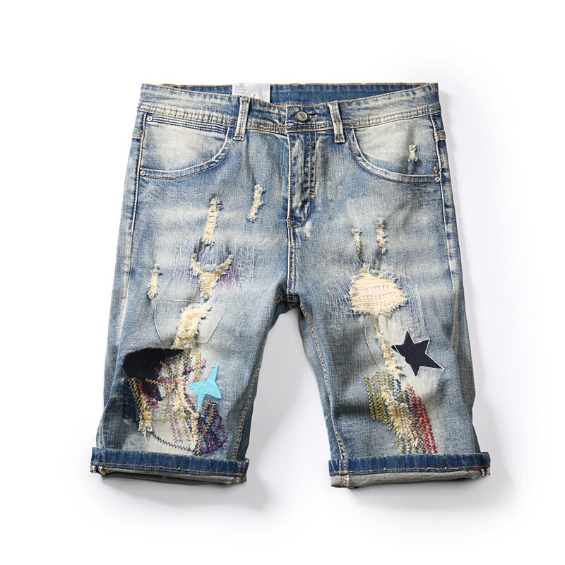 Høj vintage broderi mænd revet korte jeans hule ud bermuda sommer vintage nødlidende hul cowboys denim shorts: 34