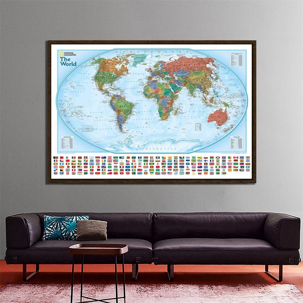 150x100cm The World Hammer Projection Map With National Flags Non-woven Physical World Map For Culture And Education