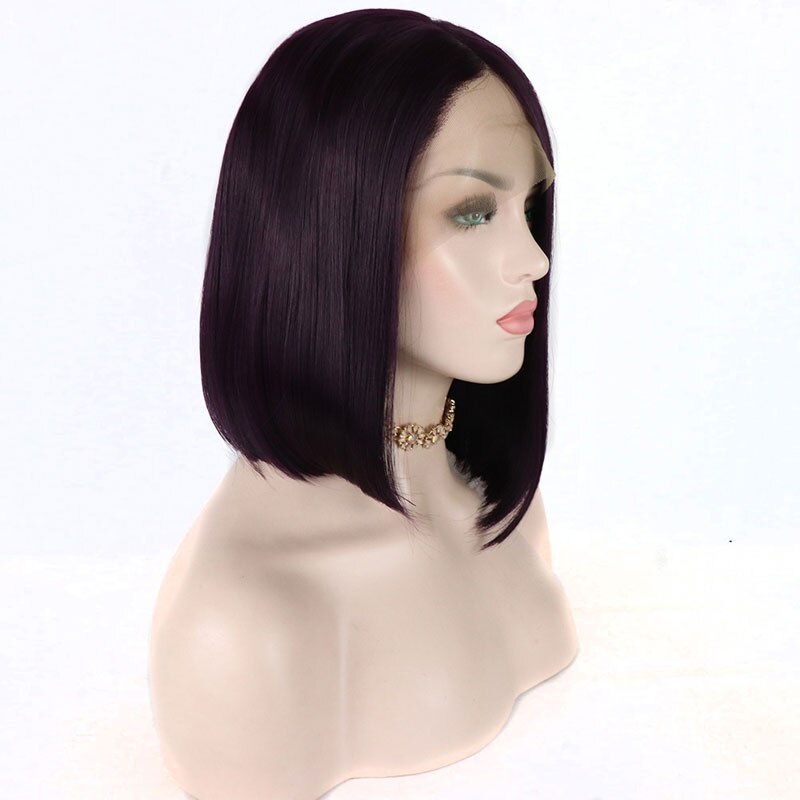 Bombshell curto em linha reta bob peruca dianteira do laço do cabelo sintético roxo escuro resistente ao calor fibra cabelo médio de separação para perucas femininas