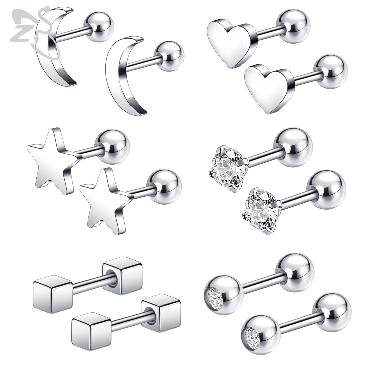 ZS 4-9pairs/lot CZ Crystal Stud Earring Set 3 Color Round Heart Star Stainless Steel Ear Helix Tragus Cartilage Piercing Jewelry: Style 1-Silver