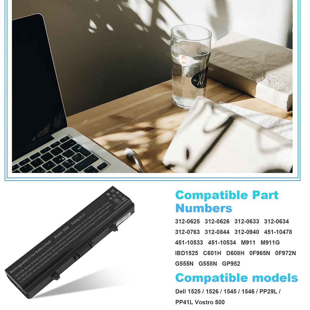 Laptop Battery for Dell Inspiron 1526 1525 1545 1546 1750 1440 Pp29l Pp41l Fits Gw240 Rn873 M911g M911 X284g K450n Replacement