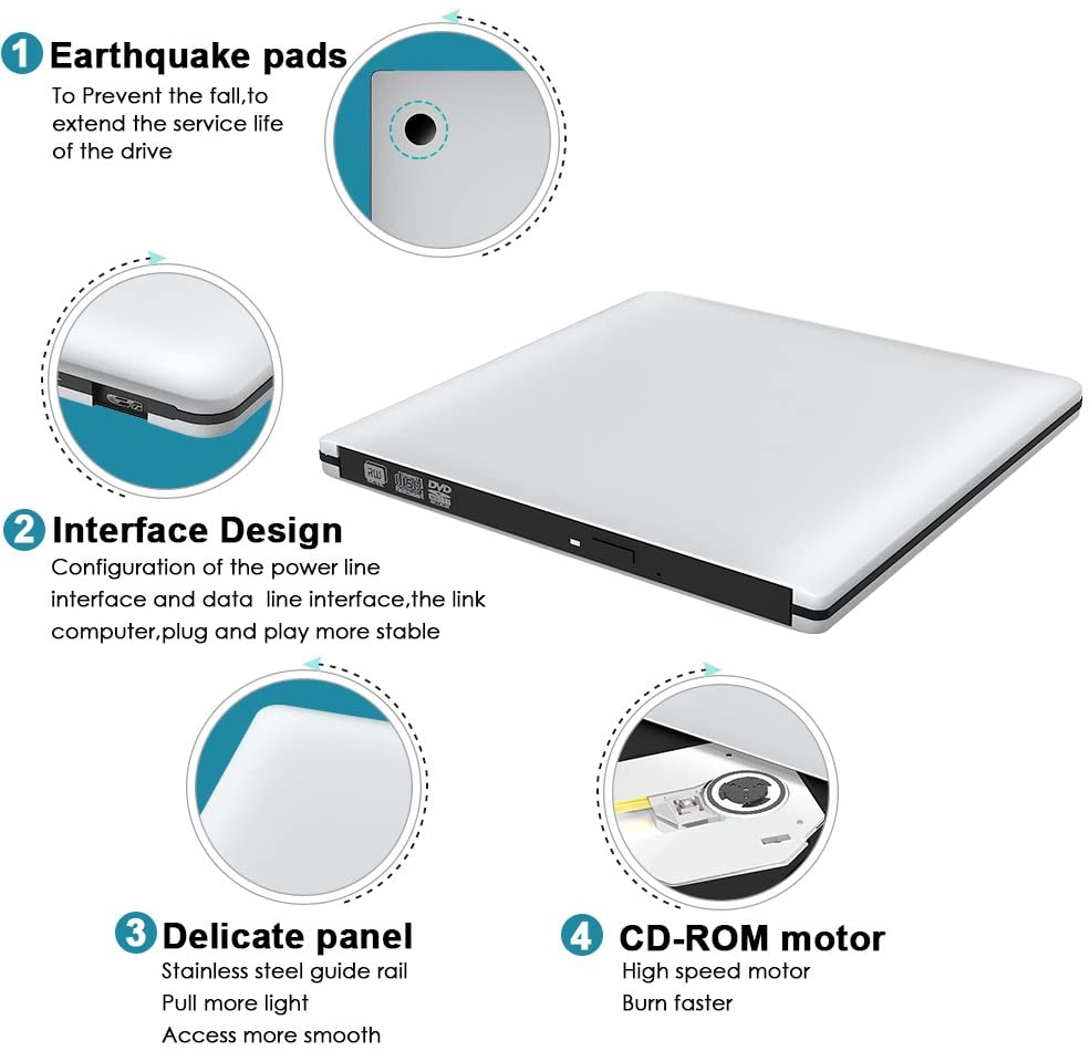 Unidade óptica externa ultrafina com gravador de cd/dvd, usb 3.0,  em liga de alumínio, compatível com cd+/-rw e dvd+/-rw para laptops e pcs.