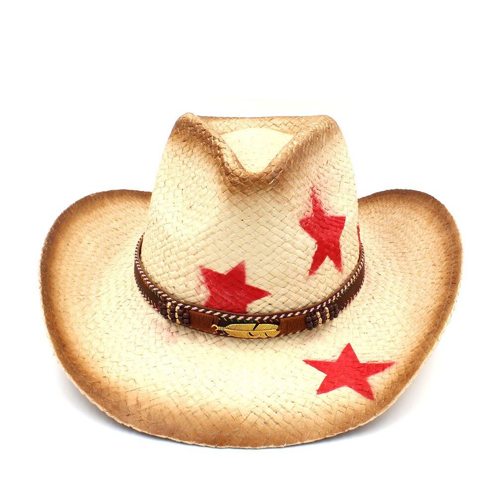 Kvinder western cowboyhat med kvastbånd stjerne dame sombrero hombre cowgirl jazz caps størrelse 58cm: C7 hul
