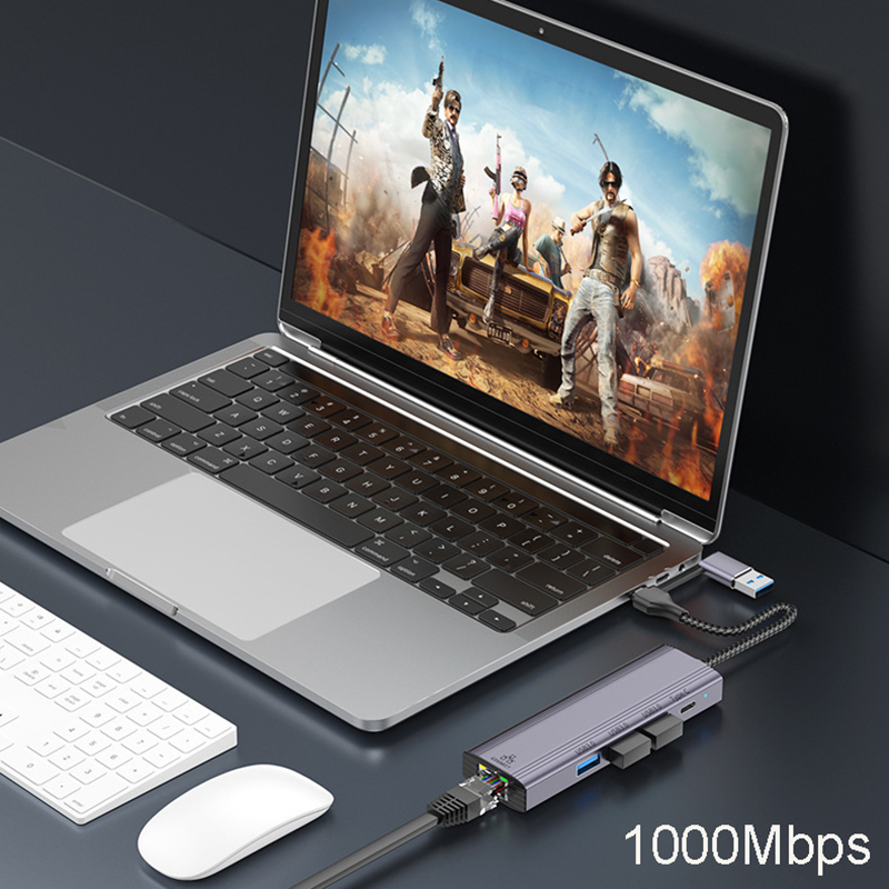 Type C USB to RJ45 Network Card Converter 1000Mbps Ethernet Extend Adapter 5Port USB HUB Cable Splitter Phone Data Transfer Dock