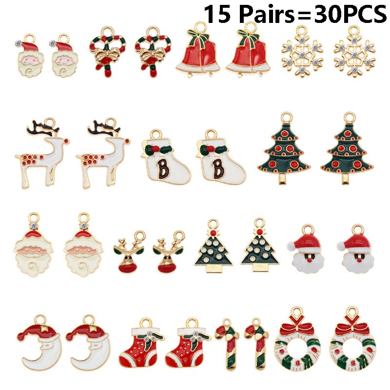 Julie Wang Enamel Christmas Charms Alloy Mixed Santa Claus Tree Bell Sock Snowman Snowflake Pendant Jewelry Making Accessory: 15 Pairs Mixed C