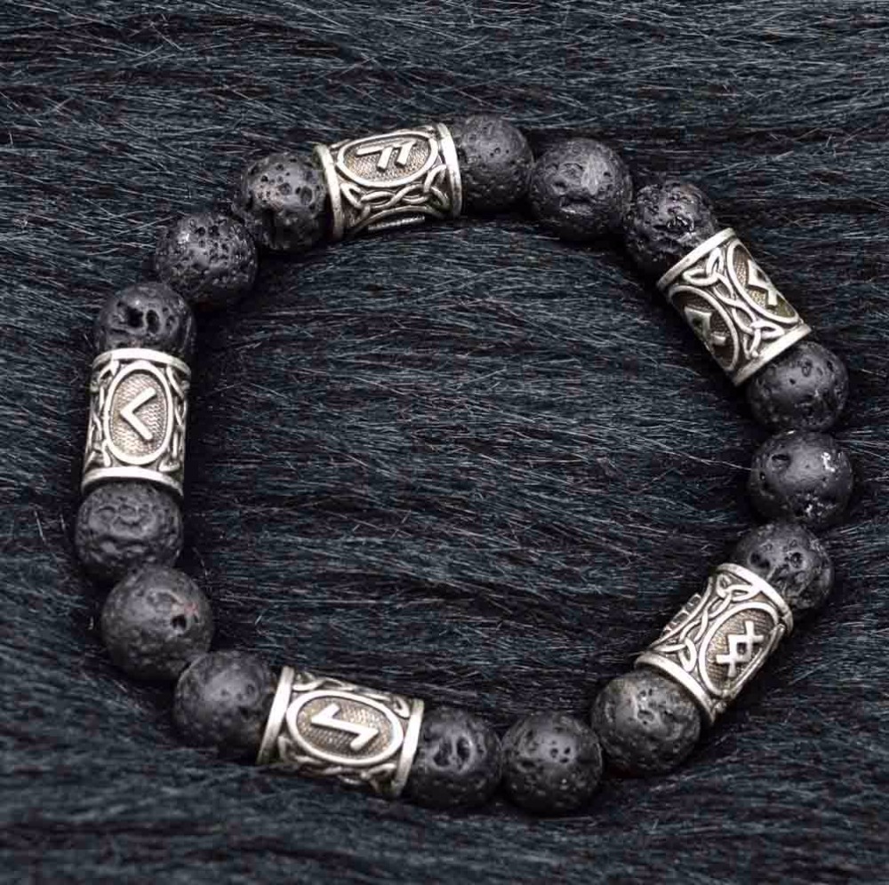 Retro Lava stone Beads Viking rune Alloy Bracelet For Men Women Bangle Jewelry