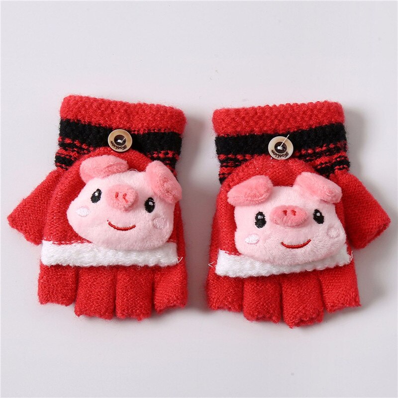 Inverno crianças luvas dobrar metade dedo luvas de lã quente engrossado das crianças de malha meninos meninas luvas: Vermelho