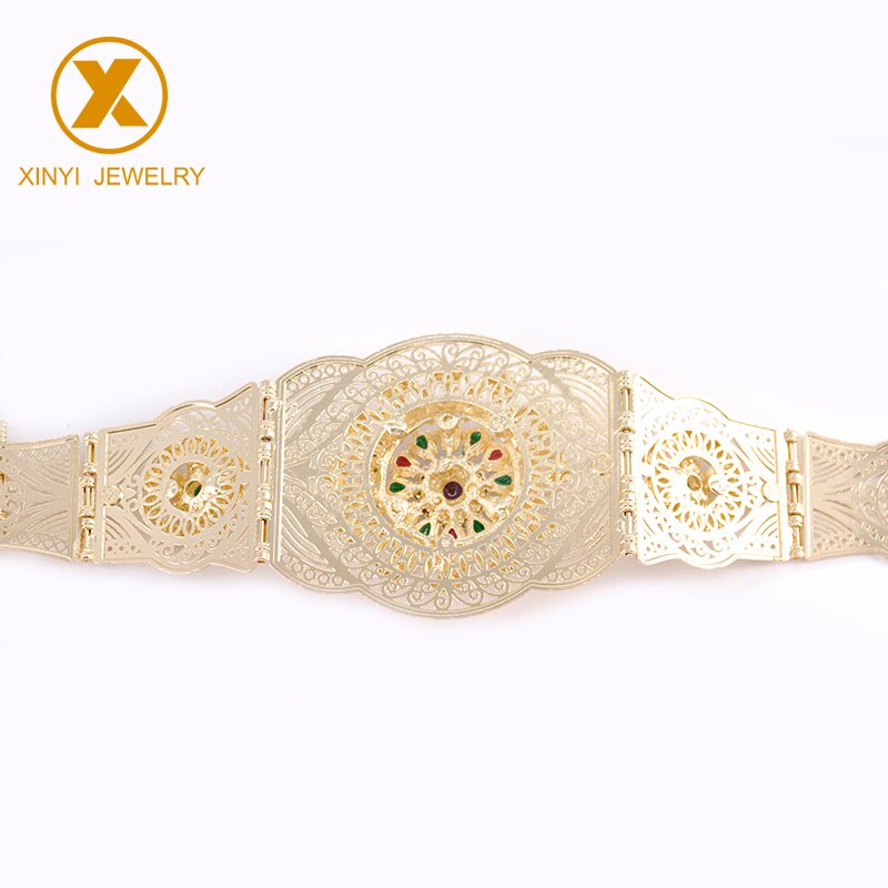 Marokkaanse gouden ronde metalen riem met lange tailleketting, bruiloftsharssieraden voor vrouwen, holle bloemen metalen riem