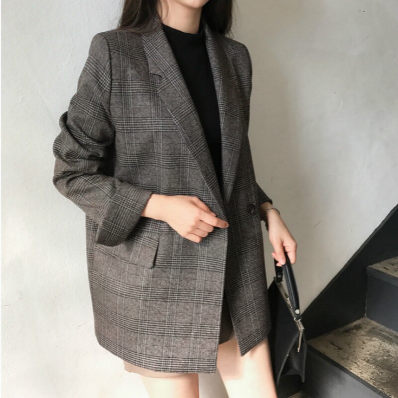 Kvinnor höst kavaj kostym jacka rutig kappa dubbelknäppt kavaj mujer grå chaqueta mujer casual väste femme manteau