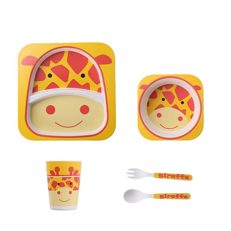 Imebaby5 pièce ensemble bambou vaisselle bambou bol bébé alimentation plaque créative dessin animé enfants bol/tasse/fourchette cuillère coffret: giraffe