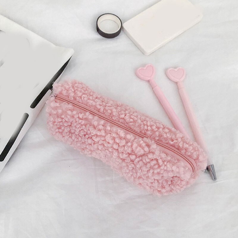 Cute Soft Fluffy Plush Pencil Bag Solid Color Pencil Makeup Case For Girls Children Students School Stationery Bag