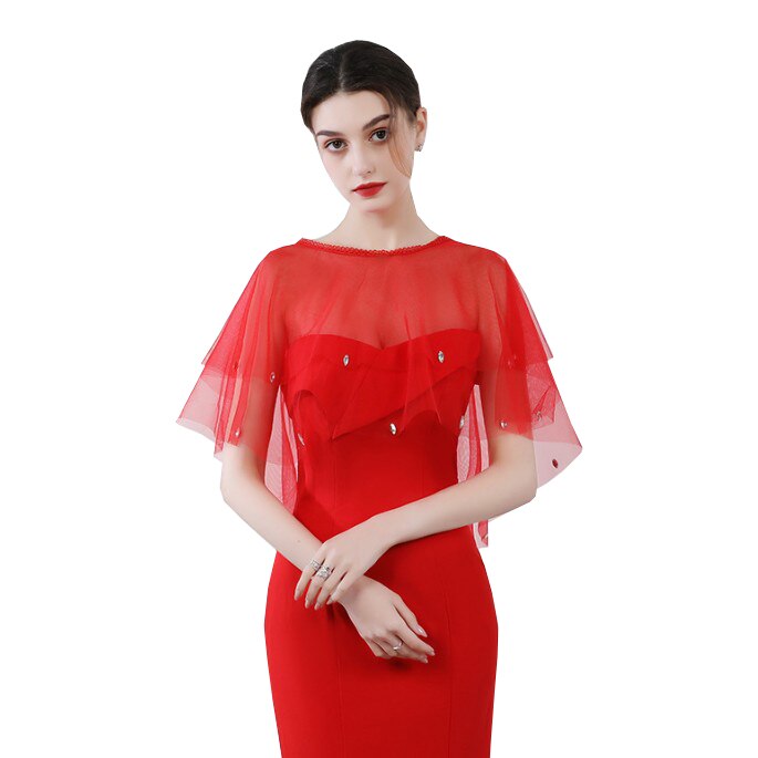 Zomer rode blauwe tule bruidsomslagdoeken sjaal dames avond cape bolero strass bruidsjurk bruiloft feest jassen omslagdoek: Rood