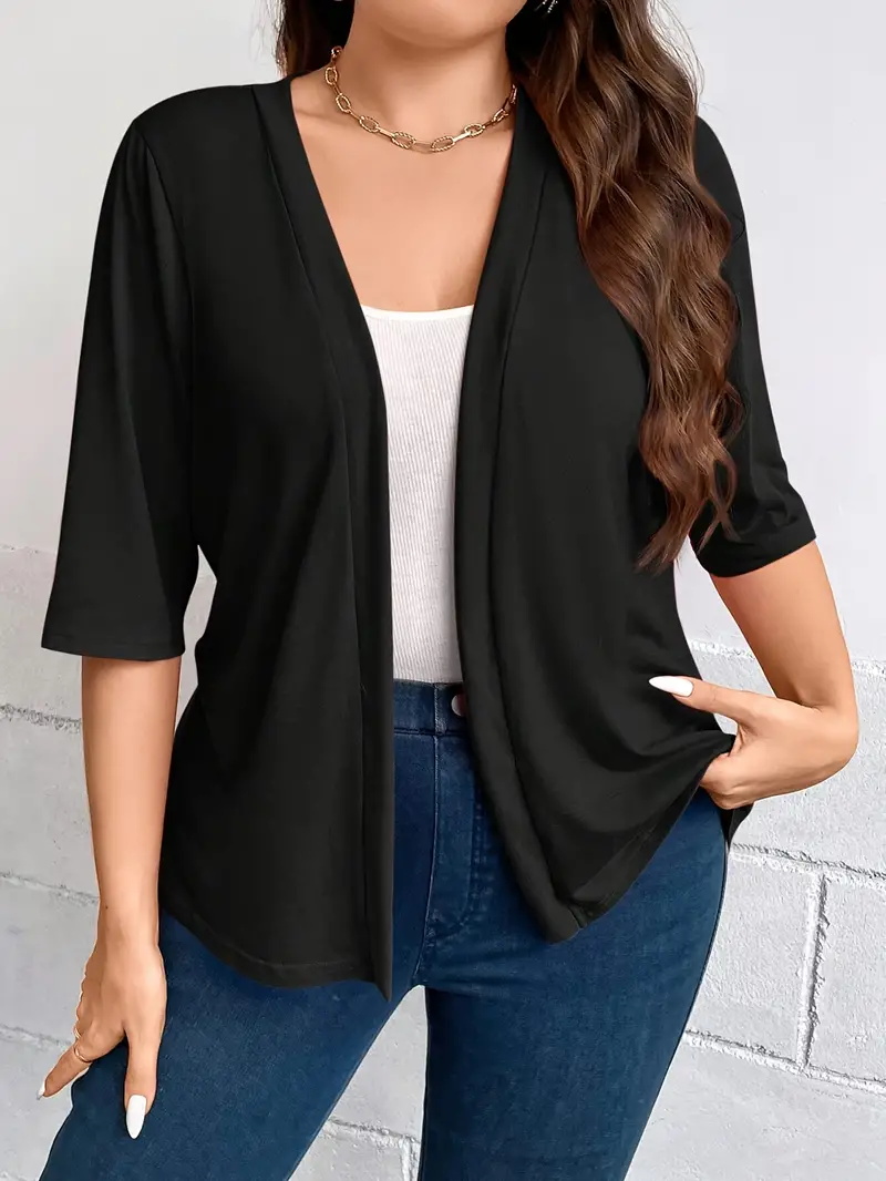 Blazer Drapé à Manches Trois-Quarts pour Documents, Veste Simple et Polyvalente, Couleur Unie, Grande Taille