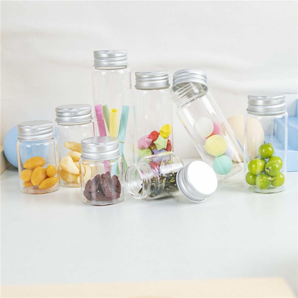 25ml 30ml 40ml 50ml 60ml 70ml 80ml 90ml bouteille en verre avec bouchon en aluminium à vis argentée contenant des aliments pour épices flacons bricolage 24 pièces