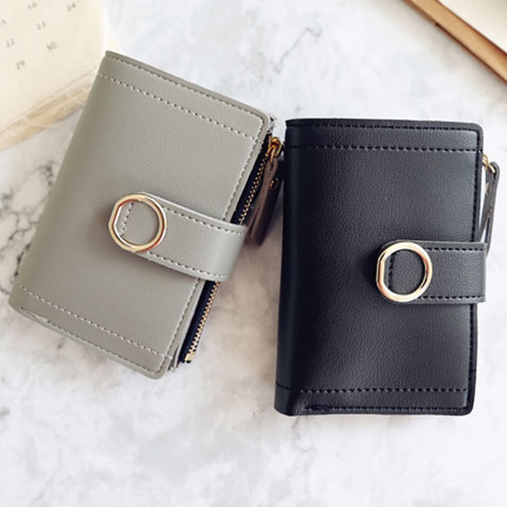 Women Leather Small Wallet Card Holder Solid Color Short Lovely Purse Zip Coin Purses Clutch Handbag Coin Purse
