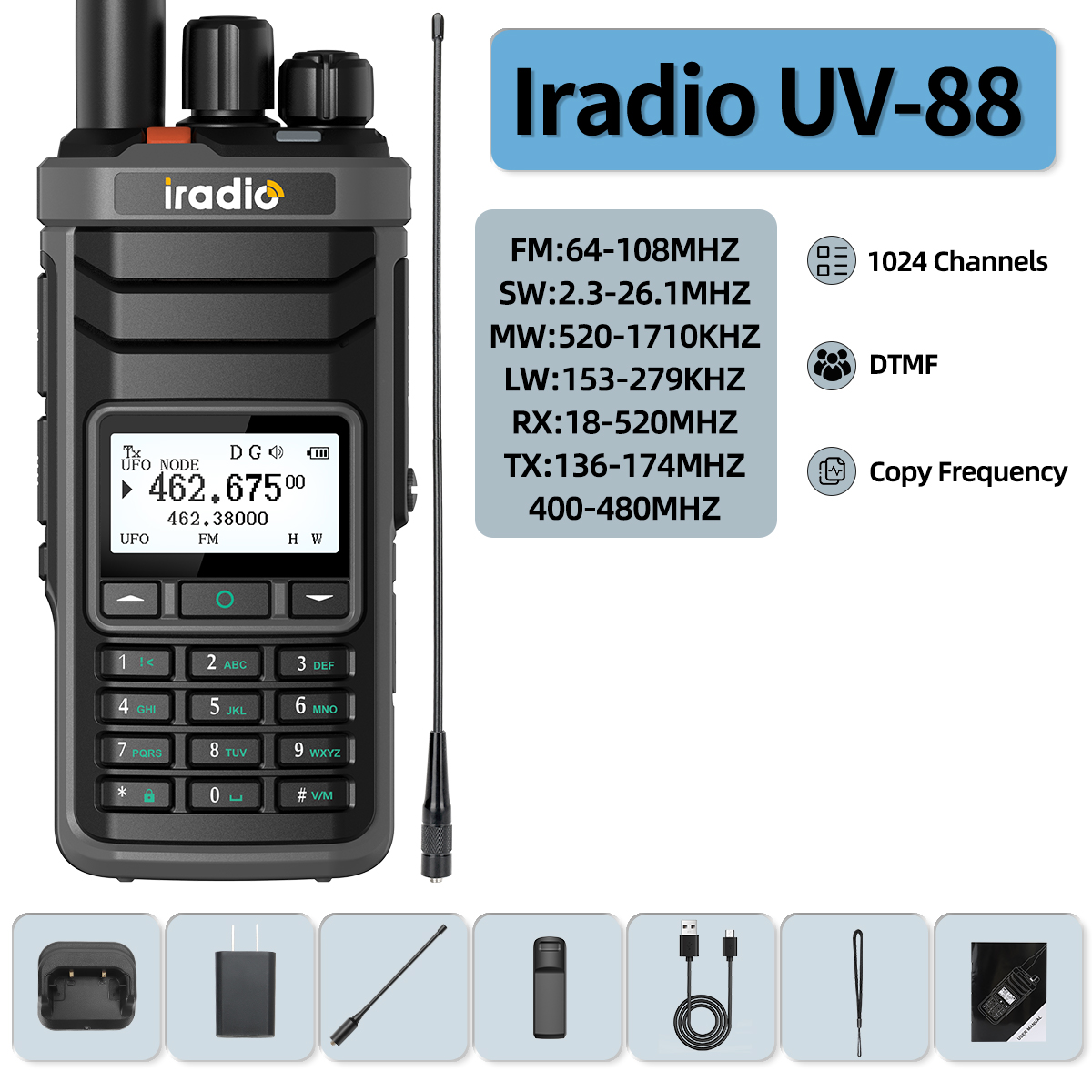 Iradio UV-88 Walkie Talkie Shortwave Radio Multi Band HF CB SSB AM Type-C DTMF LSB CW LW MW SW 1024 Channels: Blue / EU
