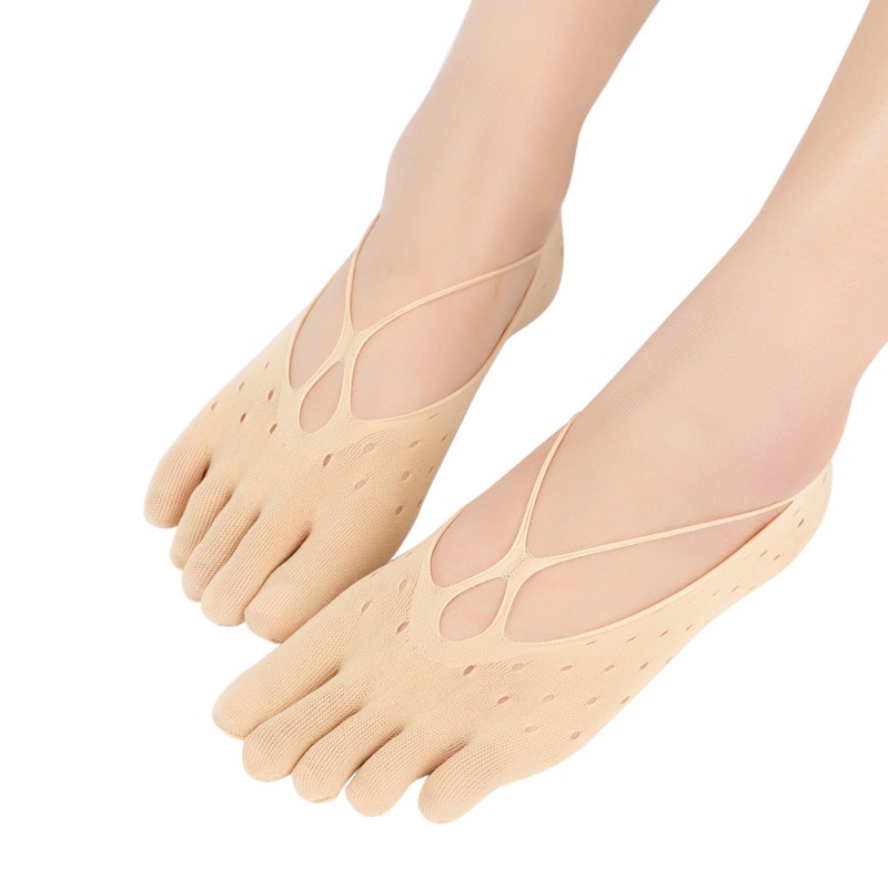 Five-finger Sock Women Slippers Velvet Summer Mesh Breathable Invisible Shallow Silicone Boat Socks Cross-hole Style: Khaki