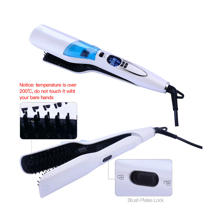 Newest Hair Straightener Brush Brush Comb Salon Wet Dry Fast Ionic Steampod Mist Flat Iron Electric White LCD