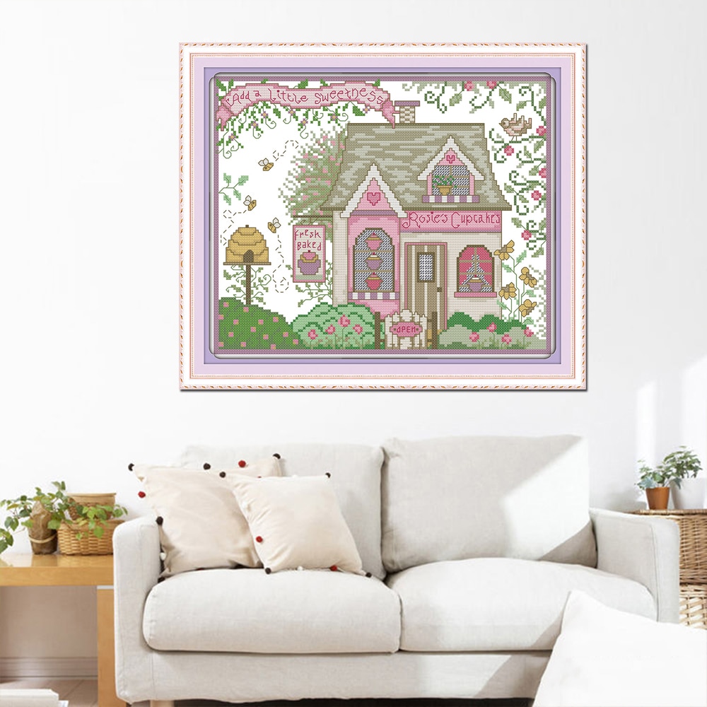 Joy Sunday scenic style Tea house cross stitch scenery patterns free counted or stamped for kids Christmas