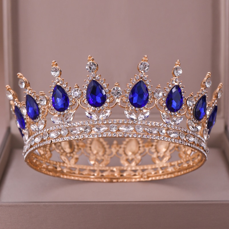 Cristal azul coroa tiara nupcial acessórios de cabelo strass cristal redondo coroa bandana para mulher rainha diadem rei coroa presente