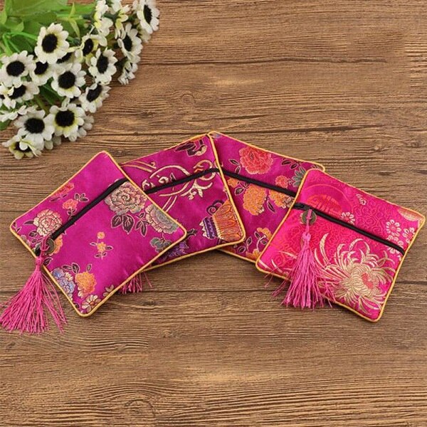 1 stk silke brokade skumring stoff floral smykkepose emballasje trendy utsøkt kvartett håndvesker smykketips bag: Rosenrød