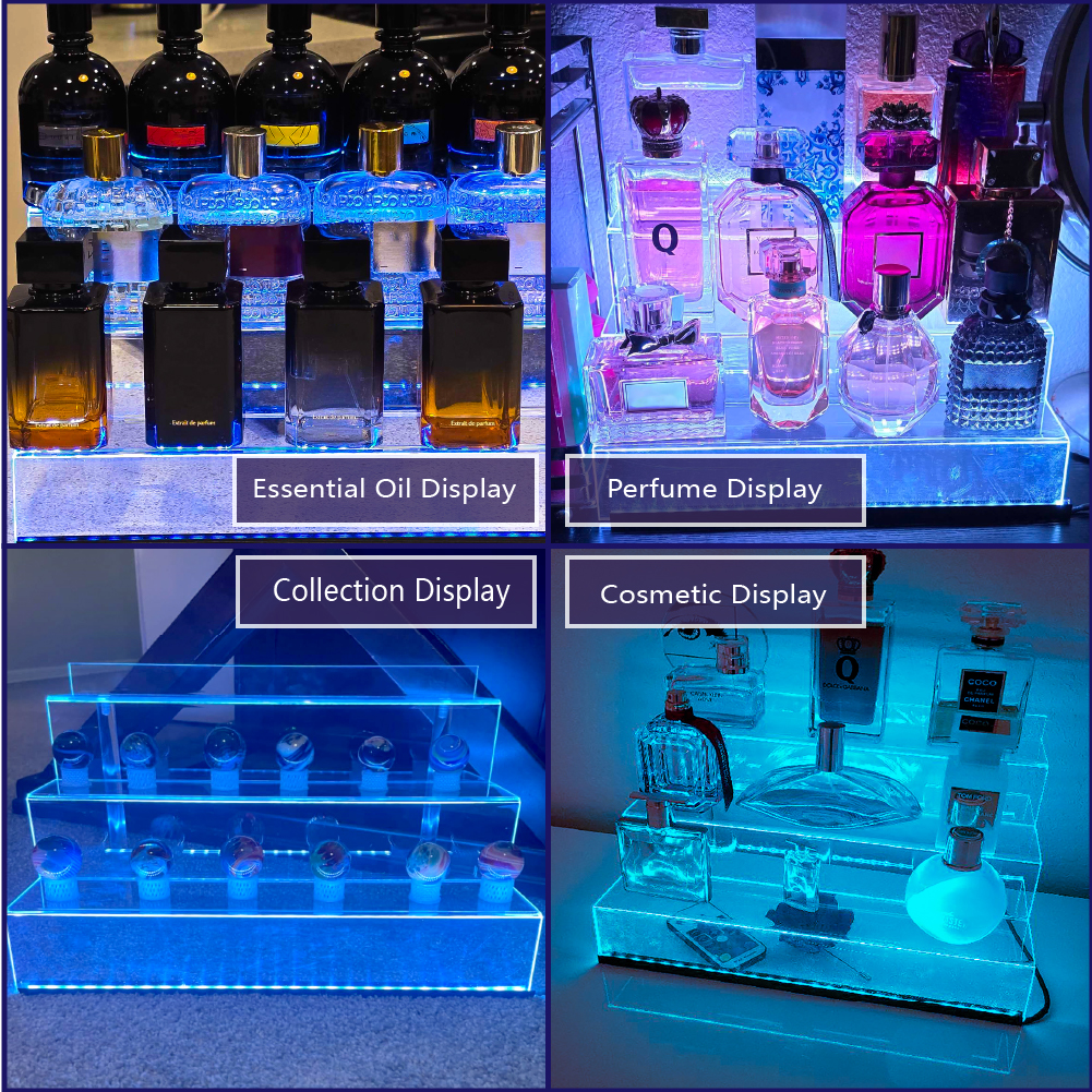 Estante de exhibición acrílico con luces LED, estante de Perfume para esmalte de uñas de 3 niveles y estante de escalera de exhibición, soporte para figuras, aumento de magdalenas transparente