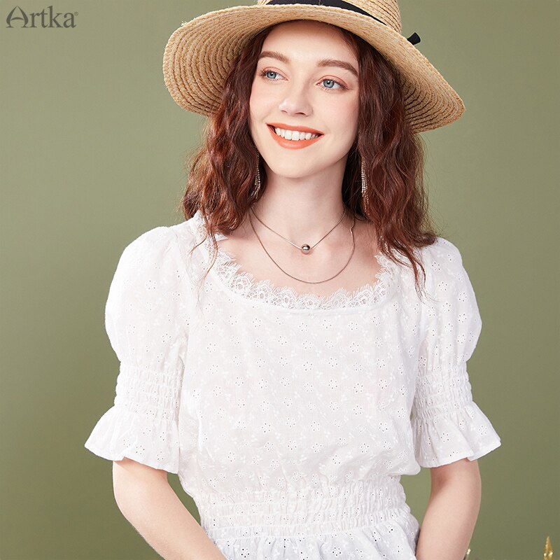 NOVEDAD DE VERANO , ARTKA, blusa para mujer, camisa con cuello cuadrado Vintage francés, blusa blanca ahuecada de algodón puro SA25200X