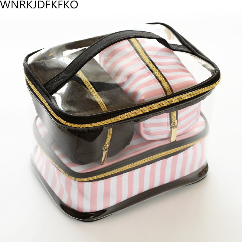Gennemsigtig pvc kosmetik taske rejse toilettaske firedelt bærbar multifunktions sæt pink makeup organizer taske kosmetiker