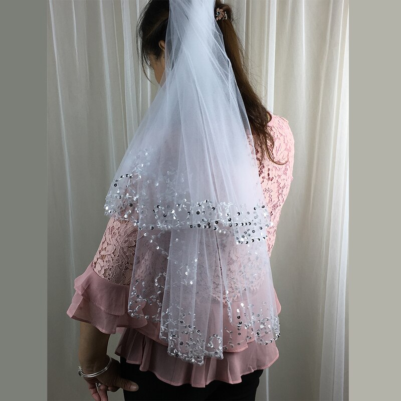 Blanc ivoire court 2 couches voile de mariage avec peigne mariée cristal voiles de mariée