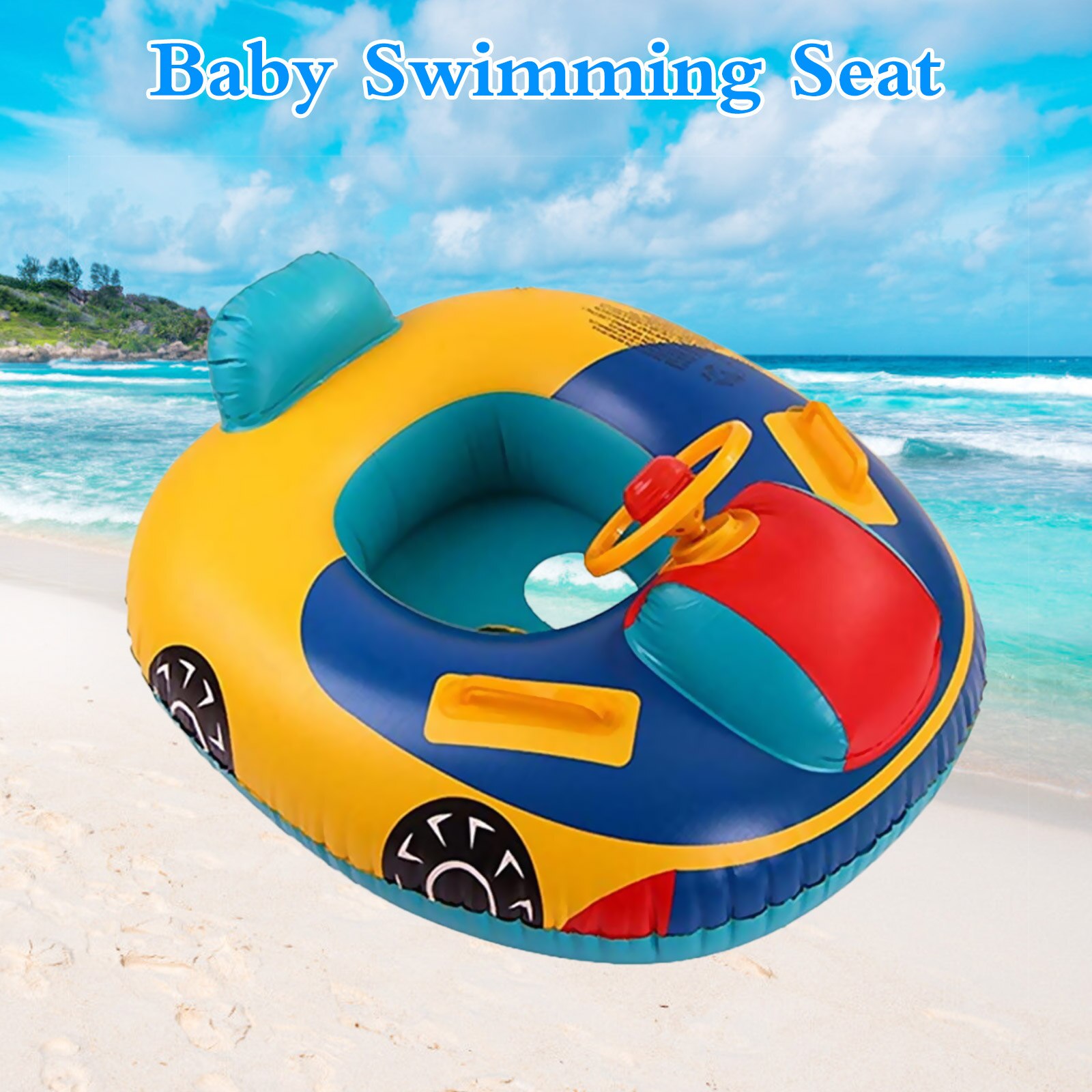 Asiento inflable de coche de dibujos animados para niños, flotador de anillo de natación con asas para volante, piscina tina de baño