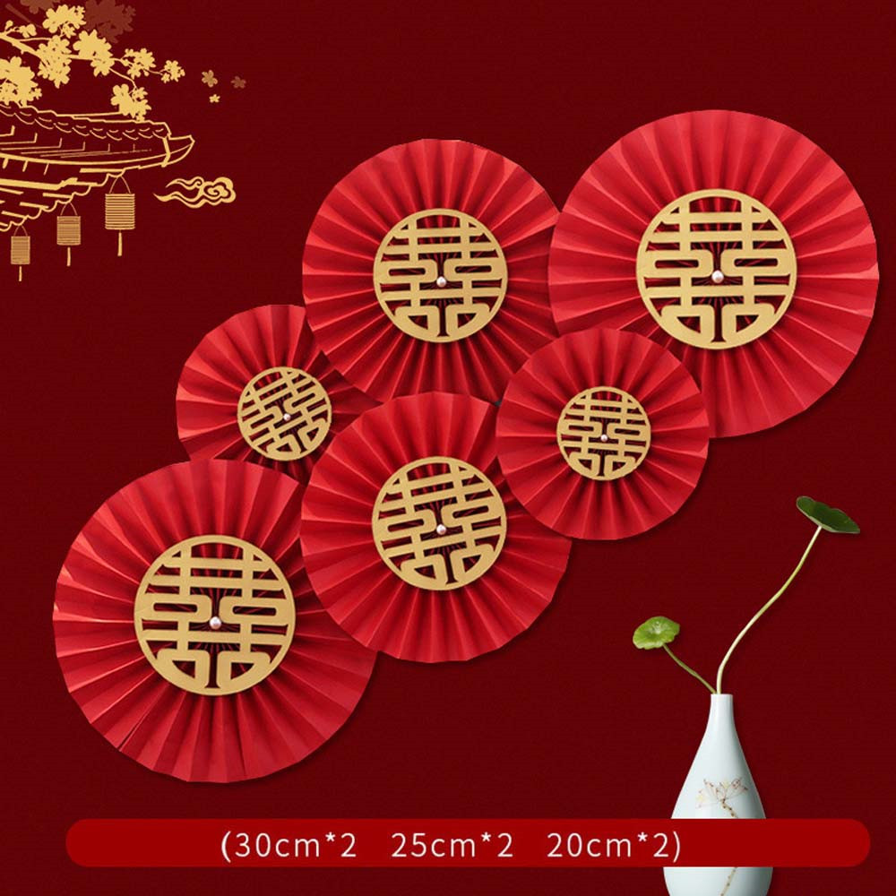 Abanico de boda rojo de estilo chino, manualidades de papel colgantes con flores, decoración de pared de salón para dormitorio, abanico de Origami, suministros para fiestas DIY, 6 uds.